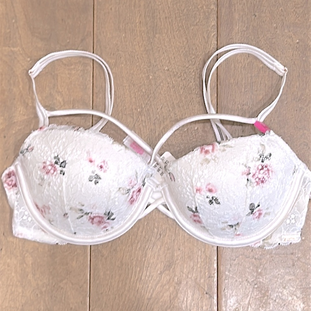 🌹PINK Lace Floral Push Up Bra 32C Cream Victoria Secret NWT